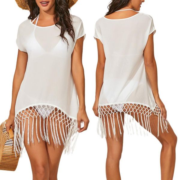 

women summer beach t-shirt cover-up adults see-through solid color short sleeve round neck fringe pullover women's swimwear, White;black
