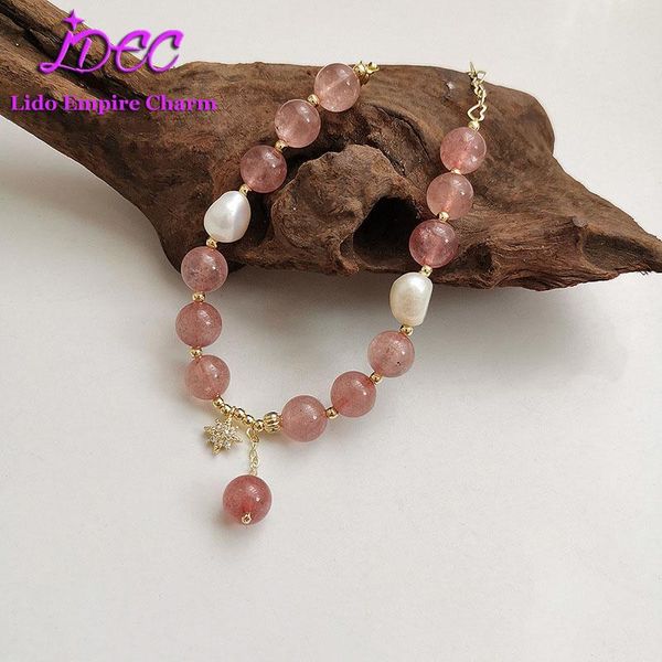 

link, chain design strawberry crystal bracelet eight-pointed star agate stone pink bracelets all-match pearl fine jewelry, Black