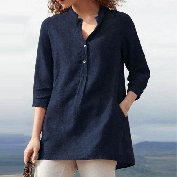 

women's blouses & shirts women linen blouse 3/4 sleeve solid color camisas with pocket blusas y tunics chemise femme clothes, White