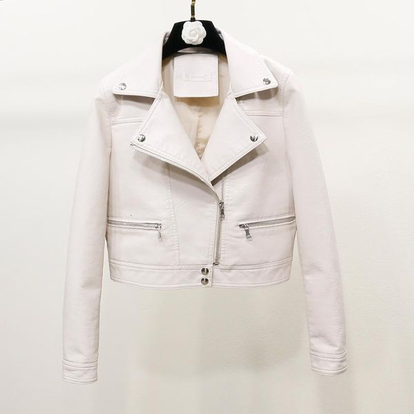 

women's leather & faux women white outerwear spring autumn zipper faux leahter jacket ladies turn-down collar short biker leather coats, Black