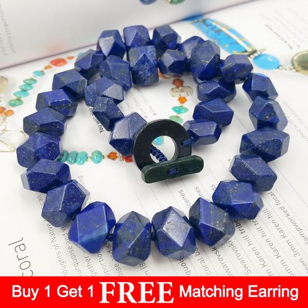 

liiji unique natural lapis lazuli faceted hand cut beads 12x16mm toggle clasp necklace 19'' chains, Silver