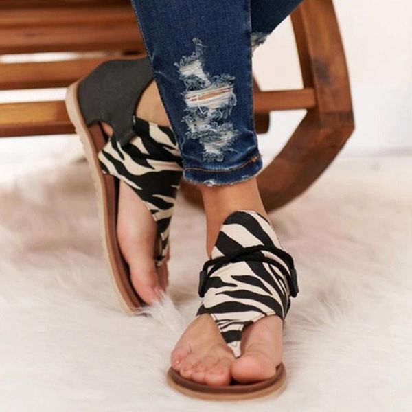 

sandals 2021 women zebra print summer shoes plus size fashion flat gladiator vintage zipper d4, Black