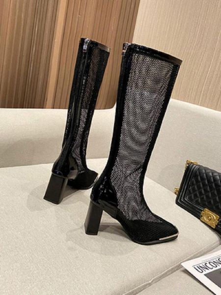 

ladies boots summer thin fashion mesh gauze hollow comfortable high heel temperament long barrel knight boots., Black