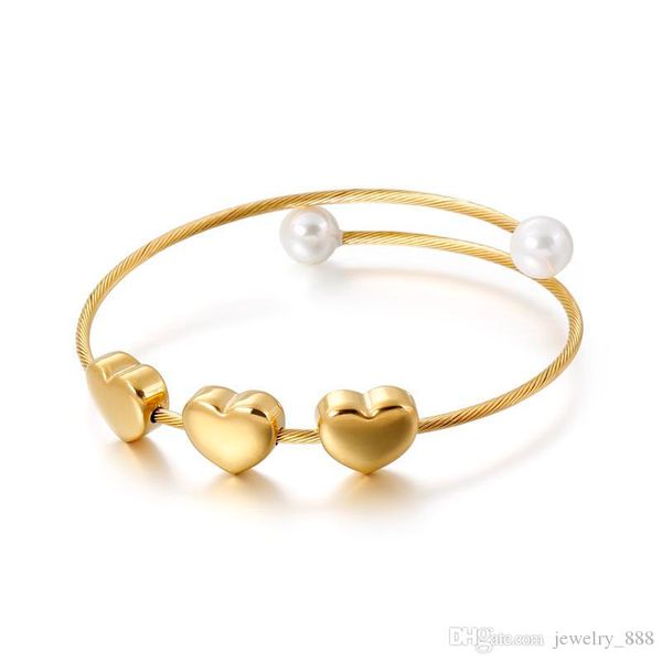 

Simple Fashion Stainless Steel Tricolor Heart Open Pearl Bracelet Glamour For Woman Jewelry Wholesale, Black