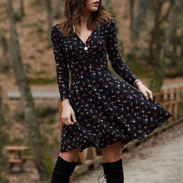 

vintage elegant floral print mini dress women 2021 spring fashion long sleeve loose a-line dresses female v-neck casual vestidos, Black;gray