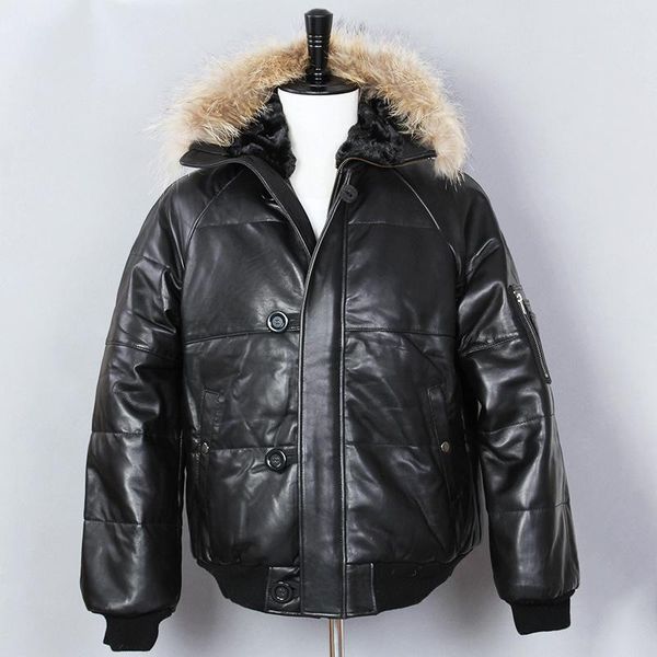 

men's leather & faux thick down jacket men genuine fur hooded winter black sheepskin duck coat for male