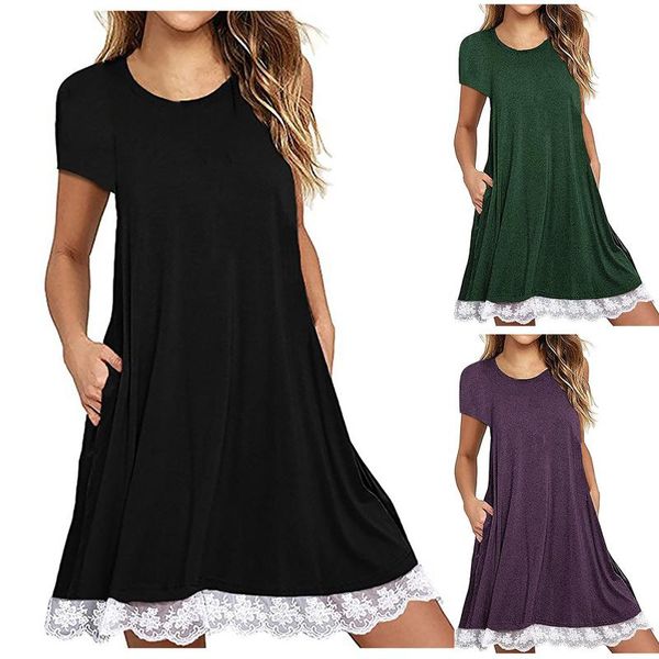 

casual dresses women summer dress o neck lace short sleeve above knee loose party femininas vestido de mulher mini sexy, Black;gray