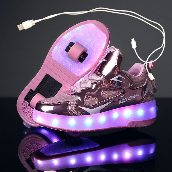 

children two wheels luminous glowing sneakers bla pink red led light roller skate shoes kids led shoes boys girls usb charging, Black;red