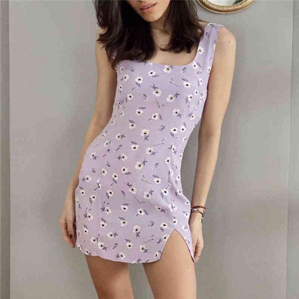 Elegant Mulheres Roxo Floral Pôsteres Vestido de Verão Moda Senhoras Quadrado Colares Feminina Doce Meninas Chic Vestidos 210427