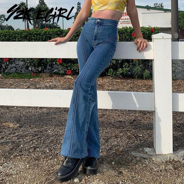 

vintage stitch high waist floral jeans 90s fashion streetwear denim long trousers indie outfits slim blue pants chic women's