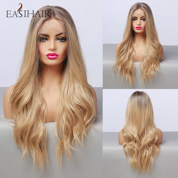 

long wave lace front wig for women brown to blonde ombre high density synthetic wigs with baby hair heat resistant, Black