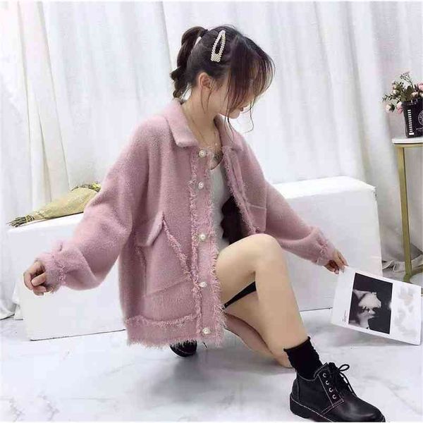 

faux mink velvet lapel long sleeve sweater women lazy wind pocket stitching fringed knitted cardigan female spring 210427, White;black