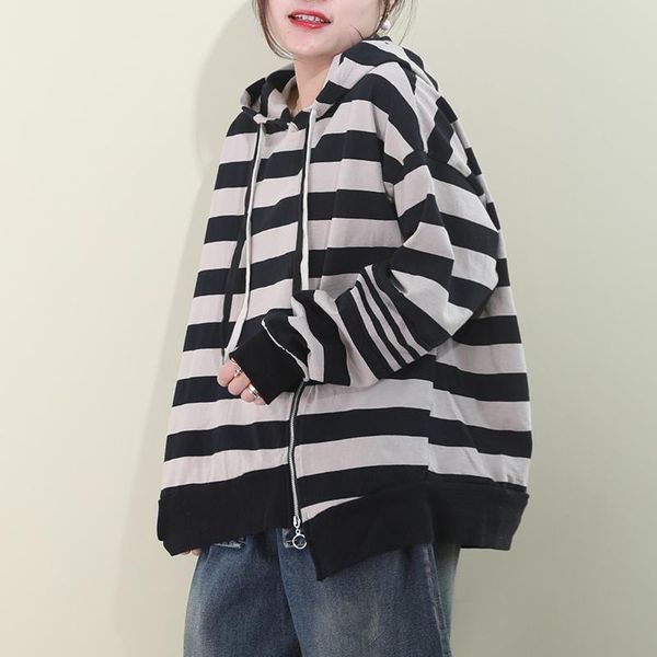 

Women's Hoodies & Sweatshirts [EWQ] 2021 Spring Autumn Pattern Hooded Collar Long Sleeve Striped Patchwork Pullovers Vintage Sweatshirt Wome, Black