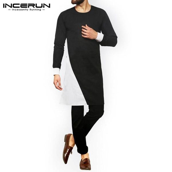 

men's casual shirts men muslim kaftan long sleeve round neck kurtas patchwork vintage camisas leisure black blusas, White;black