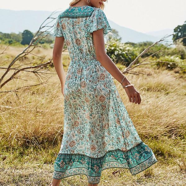 

women's dress high waist spring and autumn 2021 floral printing v-neck fashion holiday style short sleeve a line long vestidos casual d, Black;gray