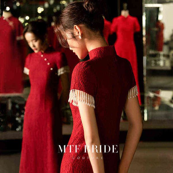 

luxury street style dresses cheongsam toast bride 2021 dignified atmosphere autumn wedding red engagement female, Black;pink