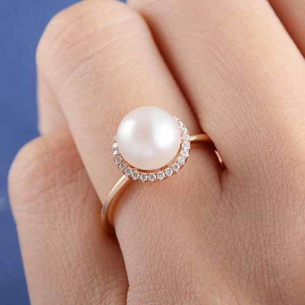 

fashion zircon rose gold pearl ring charm lady elegant girl jewelry cocktail birthday gift size us6-10 cluster rings, Golden;silver