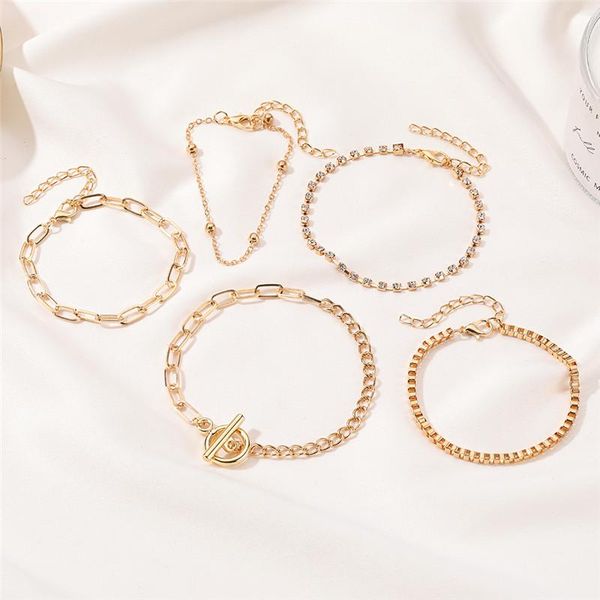 

charm bracelets 5 pieces punk hip hop multilayer chain bracelet for women girls 2021 bohemian boho hand set beach jewelry, Golden;silver