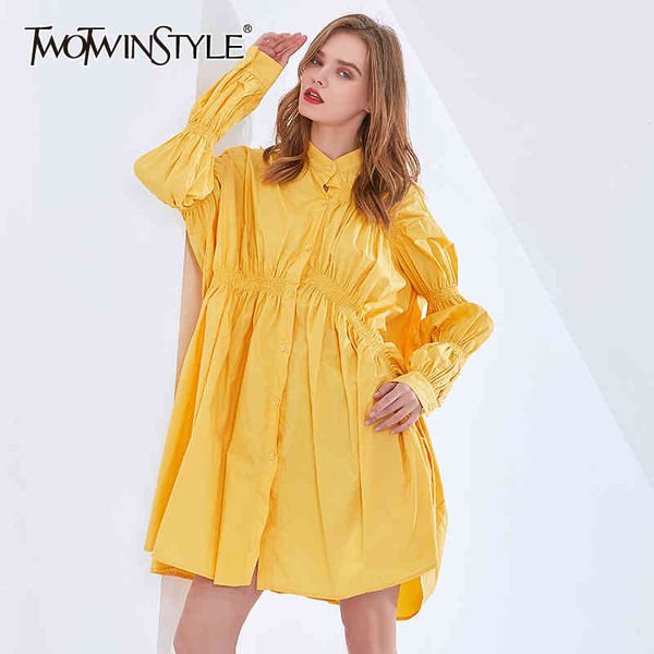 

twotwinstyle black drawstring solid dress for women stand collar puff sleeve high waist casual dresses female fashion new tide 210428, Black;gray