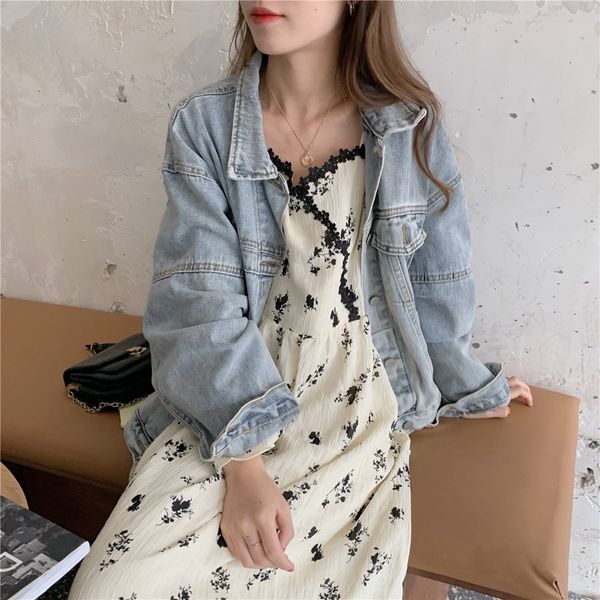 

dress korean style loose long sleeve denim jacket +, Black;gray