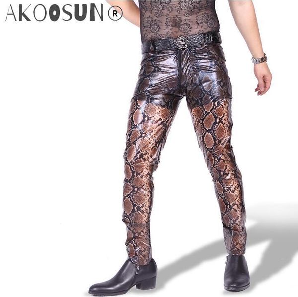 

men's pants 2021 casual python semi-transparent pu sportswear leather skinny sweatpants men straight trousers jogger, Black