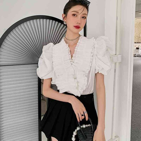 

women's knits & tees puff sleeve summer korean blouse ruffle designer v neck white short ladies crop fashion 0f9z