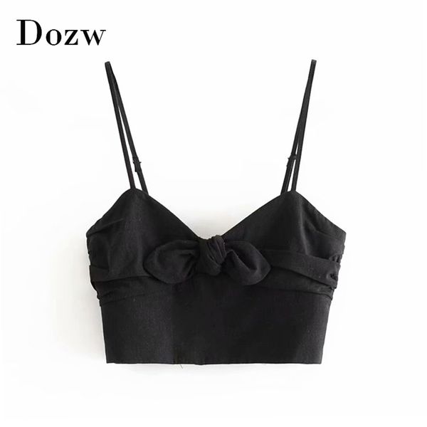 Sexy Spaghetti Strap Schwarz Tops Für Frauen V-ausschnitt Bogen Urlaub Strand Croptop Sommer Dünne Ärmellose Dame Tank Gestellte feminino 210515