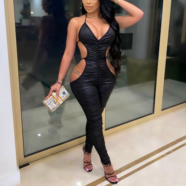 

women's jumpsuits & rompers black for women halter backless deep v neck sheath hole night party evening club 2021, Black;white