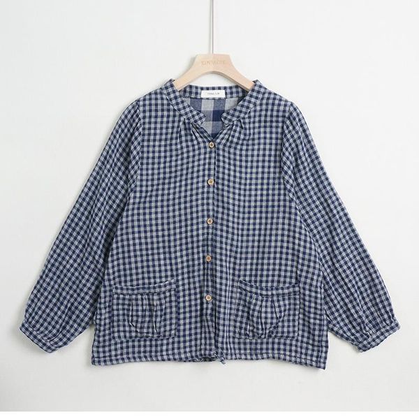 

women's blouses & shirts classic blue gray small plaid double-layer cotton yarn long-sleeved shirt japanese autumn loose large size ret, White