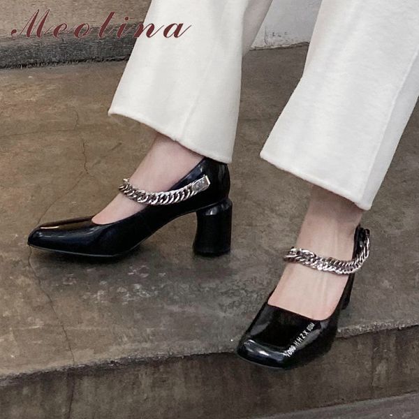 

meotina genuine leather square toe pumps women high heel shoes fashion chain chunky heels shoes ladies footwear black spring 40 210520