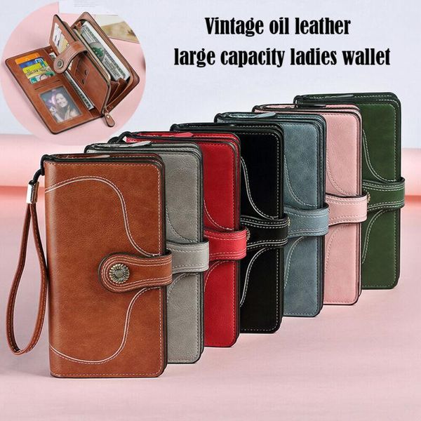 

wallets vintage oil leather large capacity wallet zipper purse long handbag bag fashion casual solid waterproof multifunction, Red;black