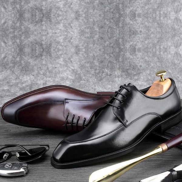 

dress shoes classic genuine leather men's handmade wedding party oxfords square toe heels man formal suit welted bql182, Black