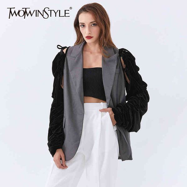 

patchwork puff sleeve ruched for female balzer coat lace up bowknot loose women's blazer streetwear fashion 210524, White;black