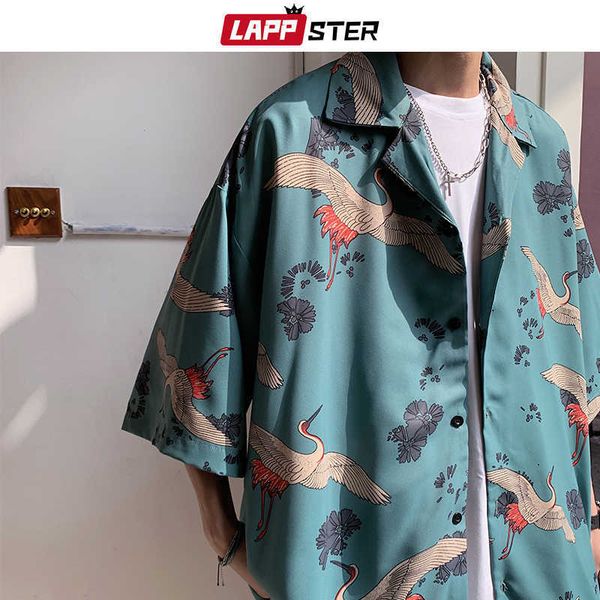 LAPPSTER Mens Crane Print Camicie Harajuku Summer Vintage Button Up Manica corta Maschile Moda coreana Camicette lisce 210608