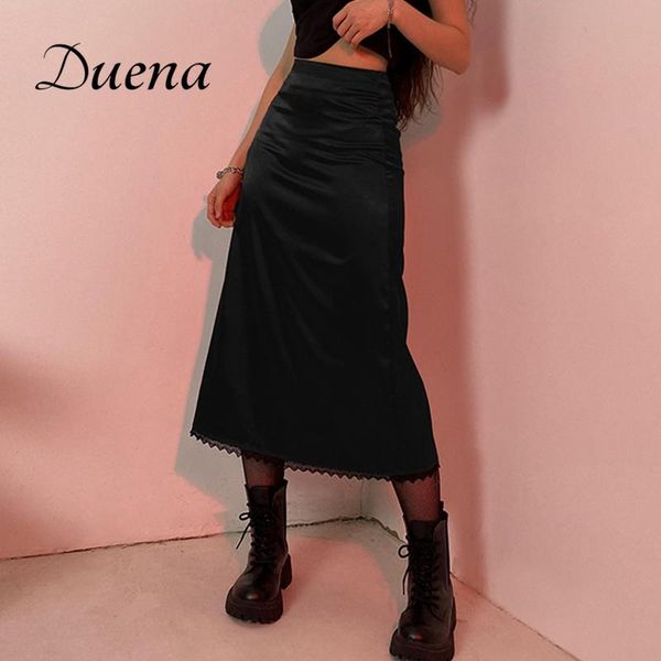 

skirts duena high waist midi skirt with lace trim y2k outfits 2021 women summer fashion 2000s aesthetic straight satin black