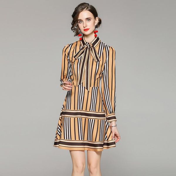 

casual dresses women autumn bow knee-length a-line office lady party full sleeve elegant vintage 2021, Black;gray