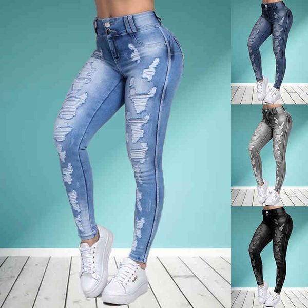 

thin high-waisted stretch torn korean women's washed jeans bleached hollow pencil plus size pants, Blue