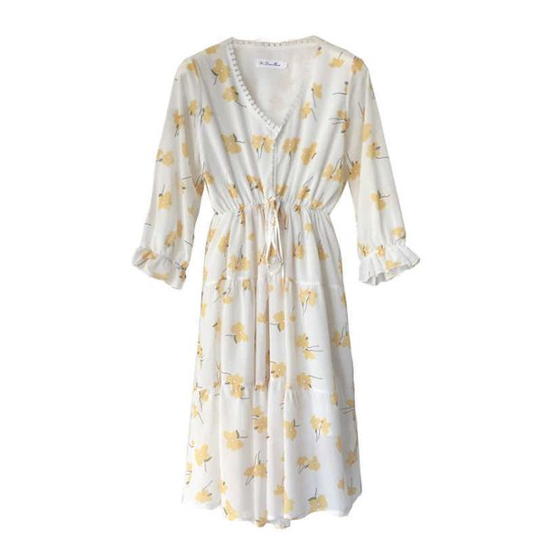 

perhaps u white yellow flower print summer puff sleeve v neck midi dress button summer casual d0556 210529, Black;gray