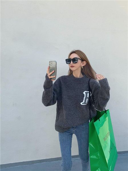 

women's sweaters autumn and winter round neck letter printed sweater women loose retro knitted all-match, White;black