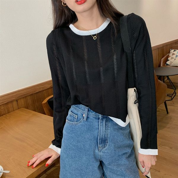 

sweaters autumn fashion versatile casual diamond micro transparent ice silk long sleeve t-shirt women round neck sweater, White;black