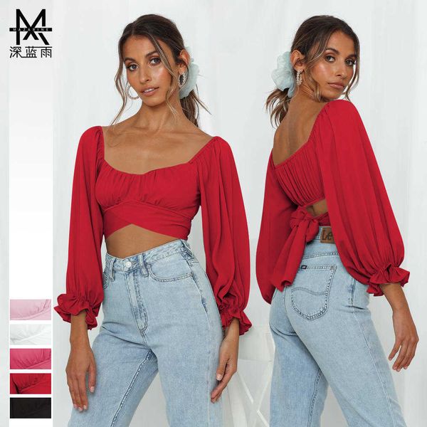 

solid color new one line collar pleated women's lantern sleeve bandage navel revealing slim fit t-shirt, White