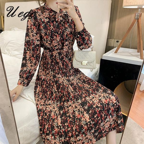 

arrival long sleeve fashion women spring dress soft chiffon print floral pleated vintage office lady work casual dresses, Black;gray