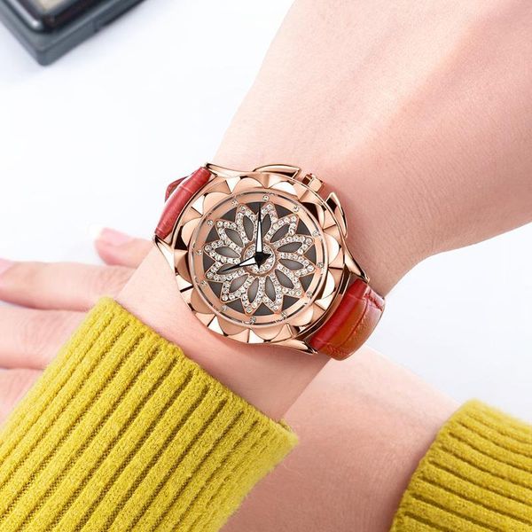 

wristwatches megir women's watches luxury ladies watch fashion red leather rotated dial quartz for women diamond clock 2059, Slivery;brown