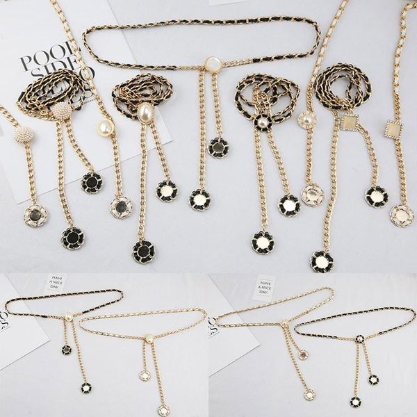 

belts fashion elegant ladies metal adjustable thin waist chain women strap dress belt pearl decorative clothess accessories, Black;brown