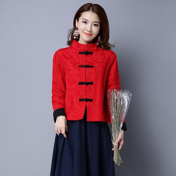 

new year chinese style clothing women hanfu vintage long sleeve cotton linen tang suit traditional china fashion coat 12073, Red