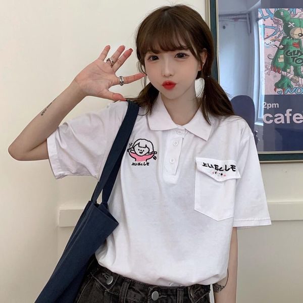 

women's t-shirt 2021 summer embroidered collar loose short sleeve commuter round neck, White
