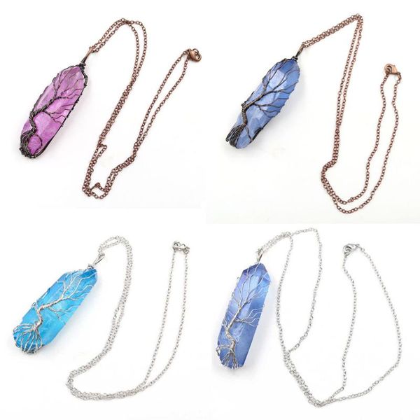 

pendant necklaces yjxp wire winding tree of life colorful irregular natural crystal pillar women men reiki amulet charms jewelry, Silver
