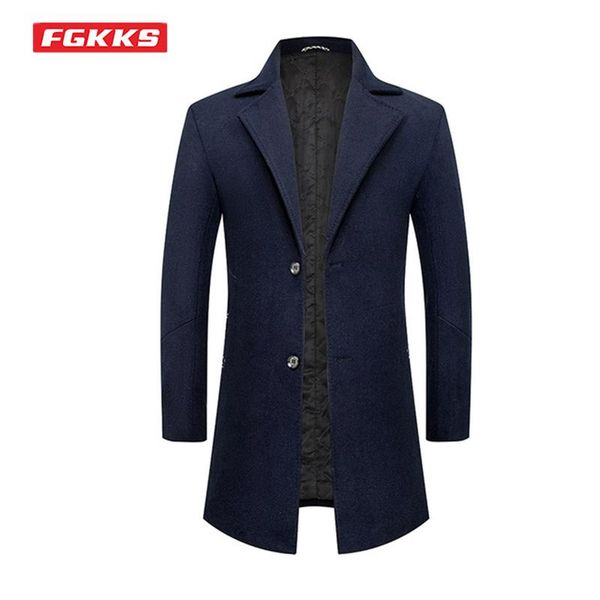 

men's wool & blends fgkks autumn winter brand coat british style solid color turn-down long business casual trench overcoat male, Black