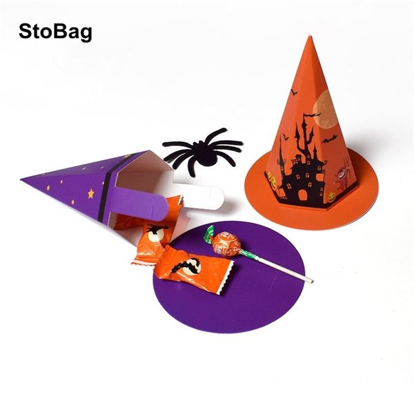 Stobag 20 pcs chapéu forma doce embalagem caixa caixa laranja / azul decoração de halloween evento festa festa crianças para casa 211108