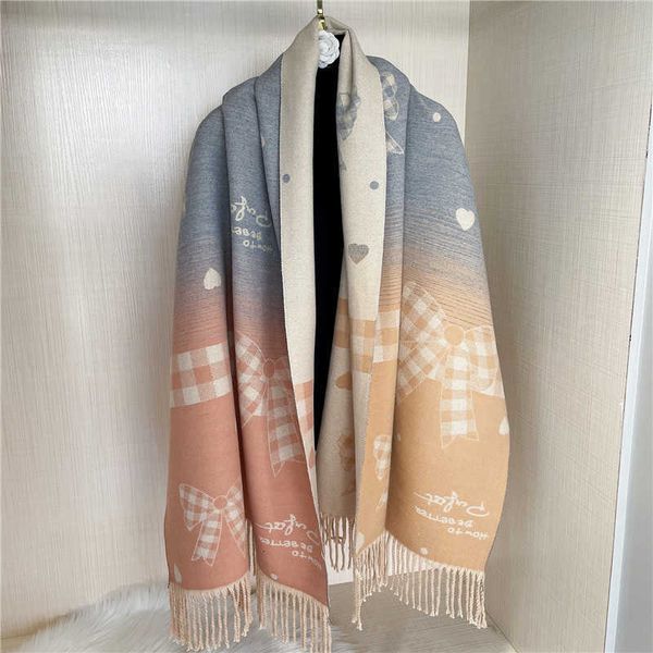 

autumn and winter women's tricolor blue powder gradient love scarf lattice tassel medium long towel shopping with shawl outside, Blue;gray
